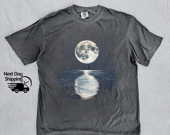 Retro Full Moon Reflecting Over The Sea Shirt, Vintage Moon T-Shirt, Retro Washed Distressed Tee, Cute Gift Tee, Young Men Gift