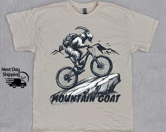 Funny Mountain Goat Retro 90s Graphic T-Shirt, Funny Goat Is Riding Bike Shirt, Funny Bike Riders Tee, Funny Hiking Shirt