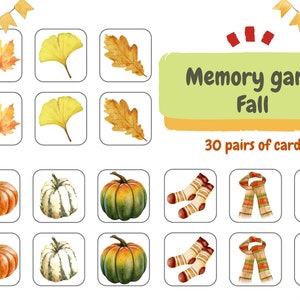 Juego de memoria OTOÑO // Juego de memoria imprimible de otoño // Tarjetas didácticas // Actividad de educación en casa