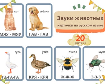 May include: A set of 20 illustrated flashcards featuring various animals and their sounds in Russian. The cards are designed with a light blue border and feature watercolor illustrations of a cat, dog, goose, duck, bee, and fly. Each card includes the Russian word for the animal and the sound it makes.