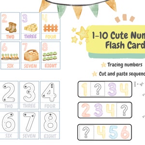 1-10 cijferkaarten || Minibundel || Flashkaarten || Traceringsnummers || Reeksen knippen en plakken || afdrukbare flashcards