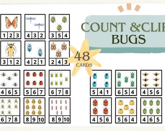 Tarjetas de actividades para contar y recortar con insectos // Contando del 1 al 10 // 48 tarjetas // Tarjetas de actividades
