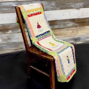 Hand Quilted Child Heirloom Nursery Rhyme Embroidered Panel Quilt Vintage Fabric NEWLY SEWN