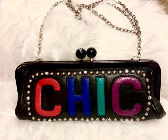 Rare! VTG Brighton Black Leather CHIC DIVA Kiss-lock Clutch Bag W