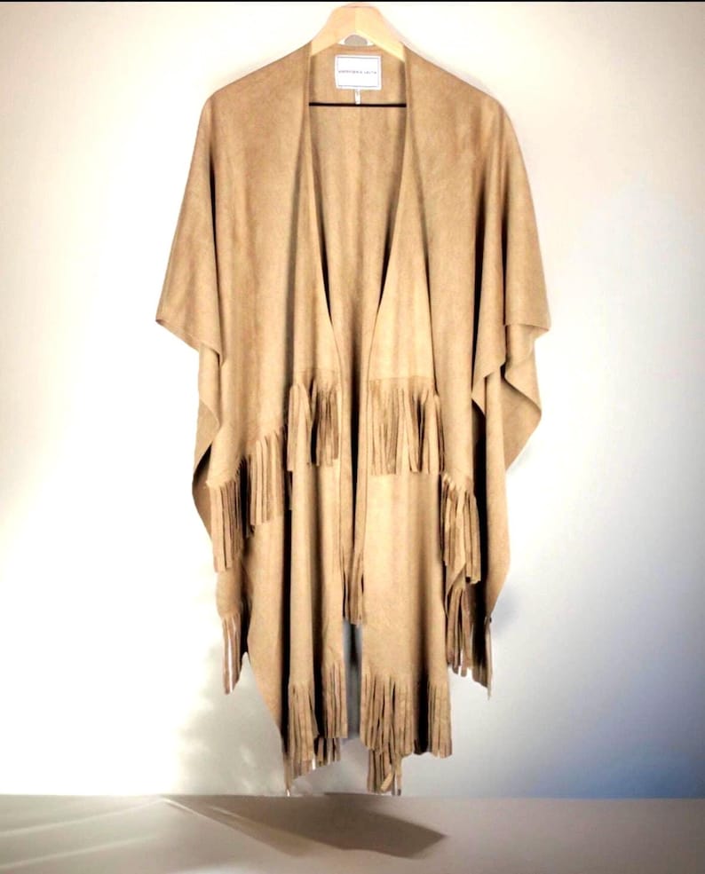 ANTHROPOLOGIE Anderson & Lauth Ella Ruana taupe faux suede fringe poncho One Size image 1