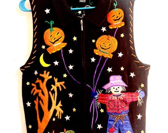 Vintage Womens Halloween Zippered Collar Sweater Vest Embroidered spooky season Size Medium