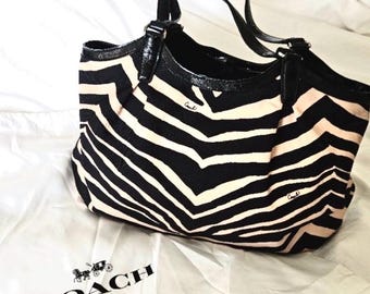 COACH Signature Large Stripe Zebra Devin Shoulder Top Handle Purse Pocketbook Bag