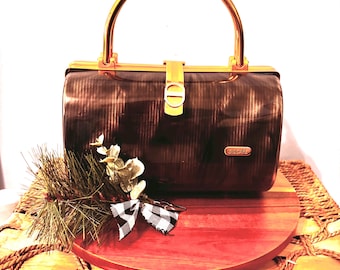 イタリア製ヴィンテージ トップハンドル ポケットブック ルーサイト真鍮 バレルボックスパース ミッドセンチュリーバッグ