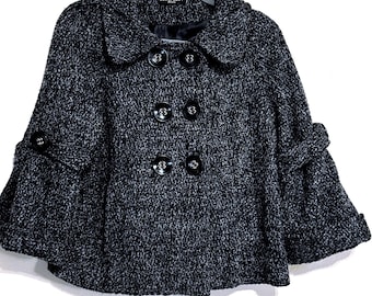 Neslay Paris Wool Coat Short Flare Black Tweed Size Medium