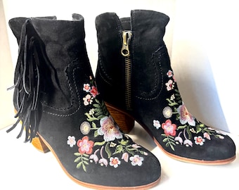 Sam Edelman Letti Black Heeled Suey Western Fringe Embroidered Leather Boots Sz 6