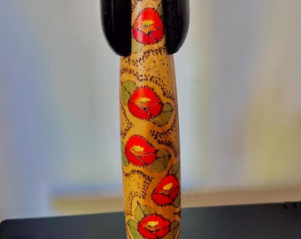 Vintage Kokeshi Vintage with camellias made by Master Kazuo Takamizawa Japan