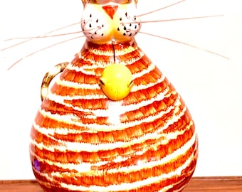 Orange Fat Tabby Cat Wiggles in place Looking Cute with Mouse Ceramic Sculpture