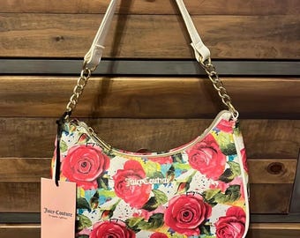 Women's Juicy Couture Rose Shoulder Bag/Purse  Floral Pink White Gold