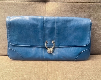 Bolso de mano vintage Boscha Lederwaren Modell de piel suave azul fabricado en Alemania Occidental