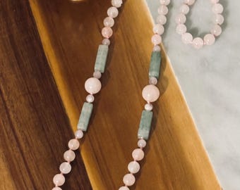 Vintage Rose Quartz and Green Jade Hand Knotted Long 30 Inch Over the Head Necklace