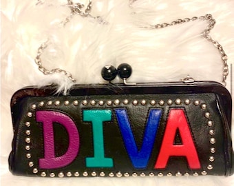 Rare! VTG Brighton Purse Black Leather CHIC DIVA Kiss-Lock Clutch Bag w/Crystal Studs