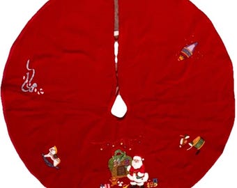 Vintage Christmas Tree Skirt Red Velvet Hand Sewn Holiday Themed Embroidery  48"