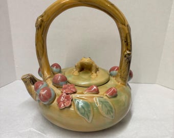 Small Majolica Teapot 3D Flowers with Frog Lid Top 6.5" Tall Bamboo Handle