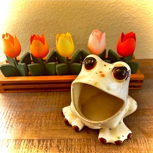 Vtg Retro Big Wide Mouth Ceramic Frog Kitchen Sponge Sink Holder Hand painted