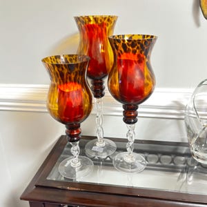 Vintage Twisted Amber Glass Sockel Kerzenhalter Set von 3