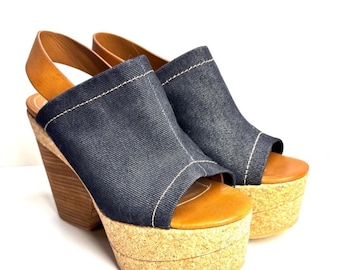 See by Chloe Denim Cork Platform Slingback Wedges (Size 37.5)