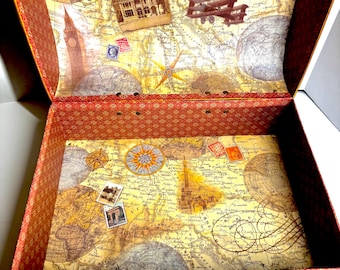 Vintage World Maps Decorative Suitcase Elegant Paperboard Sturdy Storage Box