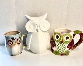 Lot of Owl Ceramics 2 mugs and 1 statue Owl Decor Fun for Owl lover!
