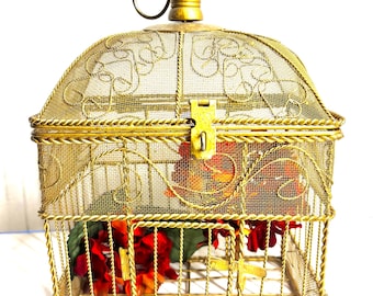 Vintage Victorian Golden Ornate Decorative Birdhouse Patina Hinged Braided, and Scrolled Wire