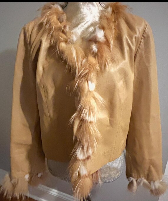 Cache Vintage Leather Jacket Withh Rabbit Fur Trim Tan Cream Size