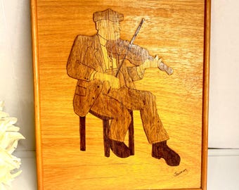 Vintage Wood Art Hanging Decor, Marquetry/ Inlay/ 3-D Portrait Man Playing The Fiddle Ireland