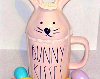 Rae Dunn Pink Extra-Large Mug BUNNY KISSES w/ Bunny Head Topper NEW