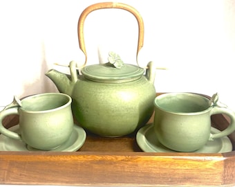 Novica Vintage Stoneware Tea Set Indonesia Tropical Flowers Bamboo Handle Green