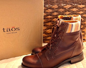 Taos Captain Leather Combat Boots Women's 8-8.5 Brown Lace Up/Zip Ankle Boots