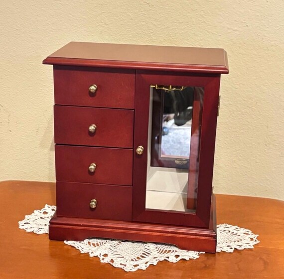 Vintage Solid Wood Mirrored Jewelry Box Armoire