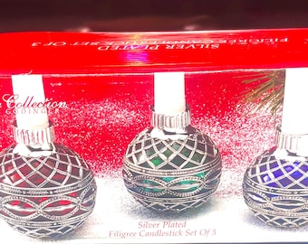 Godinger Glass Balls w/ Silver Overlay Candle Holders Set 3 Sizes Red Blue Green