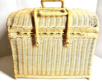 Vintage Rattan Woven Wicker Basket Footed Storage Trunk