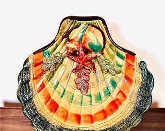 ヴィンテージ ホタテ貝 マジョリカ陶器ボウル アールヌーボー ハンドメイド •変色あり コーラルシェル