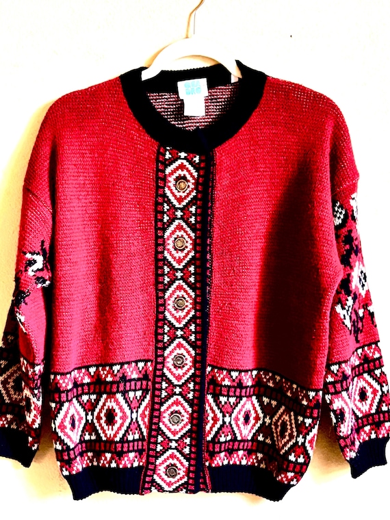 Vintage 1970s Women's Colorful Italian Wool Geometric Print Cardigan Quadro Small