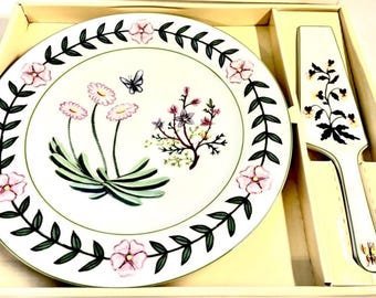 Vintage Botanical Cake Plate Server Set, Porcelain Floral Design, New Old Stock
