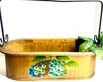 vintage hand-painted primitive wood basket planter grape motif metal handle