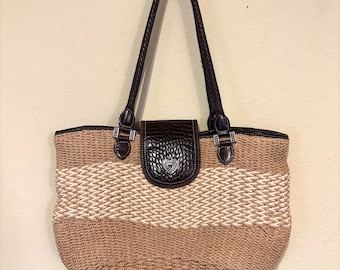 Vintage Brighton Savannah Straw Tote Bag With Braided Leather Straps