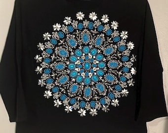 Vintage Michael Simon Womens Beaded Turquoise Sweater Size Med Silk Blend Black