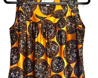 Blusa sin mangas elegante y lujosa de seda color cobre negro de St John, talla pequeña.