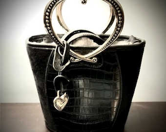 Vintage Corazon Black Pebble Grain/ Croc Embossed Bag W/Silver Heart Handles