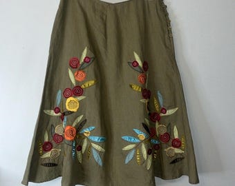 J Jill A Line Linen Skirt Floral Sage Women's Size 8 Embroidered