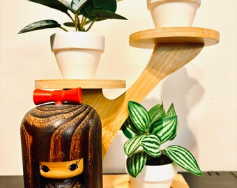 Vintage Japanese Sosaku Wooden Kokeshi Cherry Blossom Doll with  Plant Stand