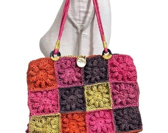 Annabel Ingall Raffia Crocheted Flowers Purse Handbag Accent Buttons Patchwork Colorful