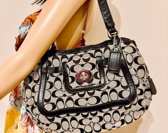 Coach Handbag Tote Canvas Leather Signature All Over Pattern Black Gray