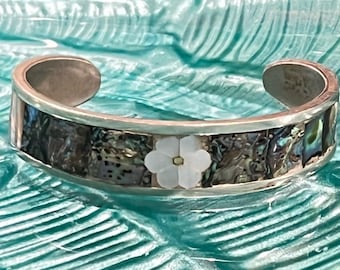 Mexican Bracelet Alpaca Silver Abalone Shell Mother of Pearl 6.25" Retro Flower