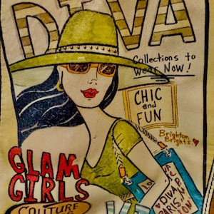 May include: A rectangular leather patch featuring a hand-painted illustration of a person in a wide-brimmed hat and sunglasses. Text includes DIVA, Collections to Wear Now!, CHIC and FUN, Brighton Brights, GLAM GIRLS, COUTURE PARIS, and VIP.